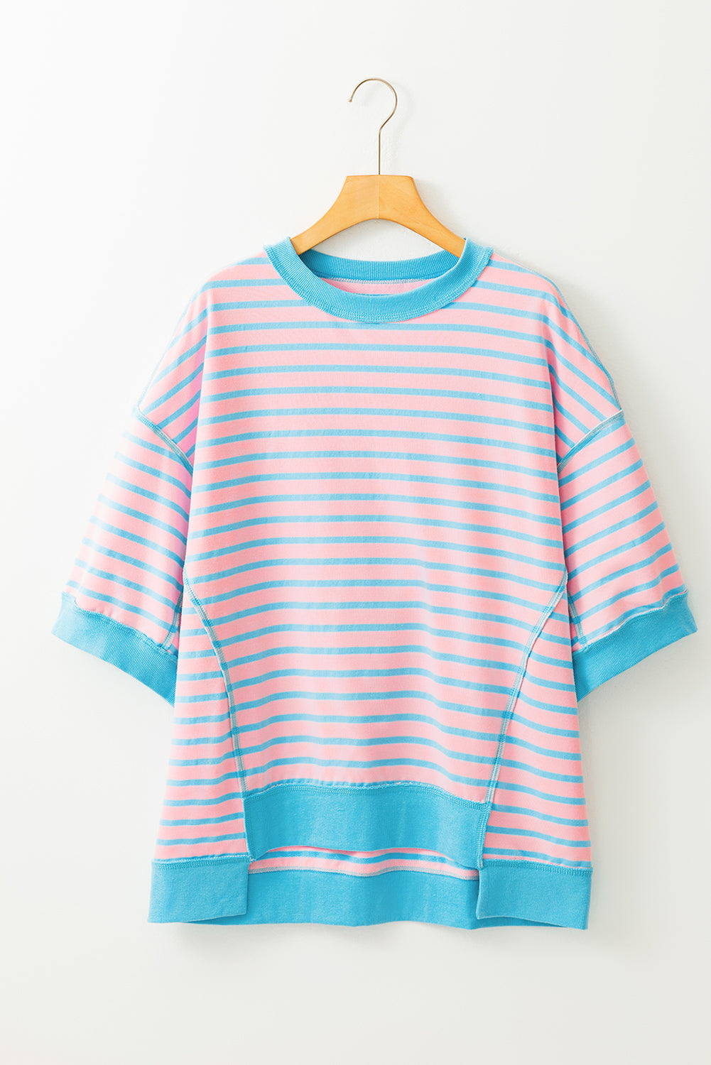 Stripe Oversized Contrast Trim Exposed Seam High Low Blouse