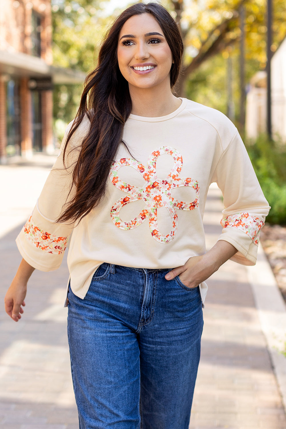 Beige Flower Patch Graphic  Wide Sleeve Top