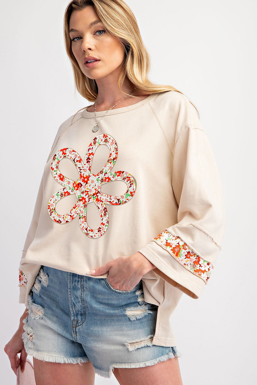 Beige Flower Patch Graphic  Wide Sleeve Top