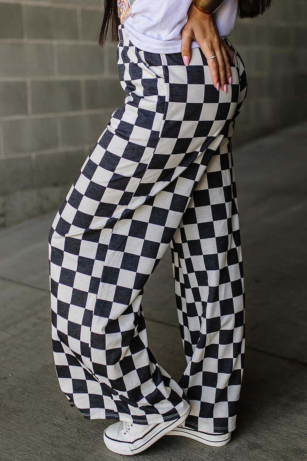 Black 2-Tone Checked Print Leg Pants