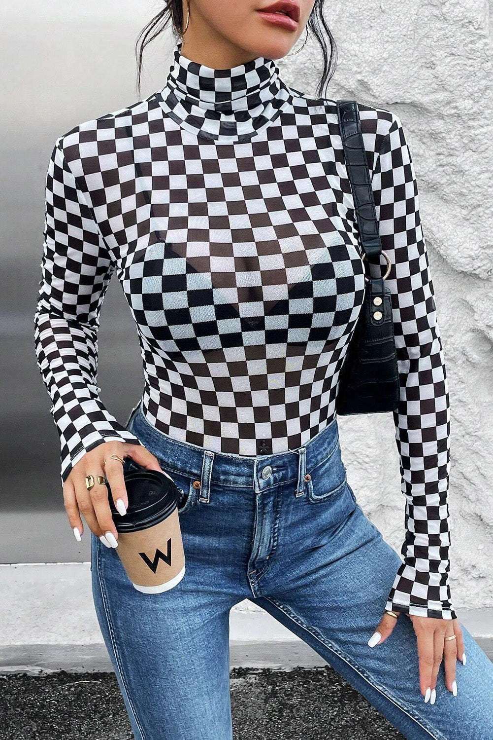 Black Checkered Printed Long Sleeve Bodysuit