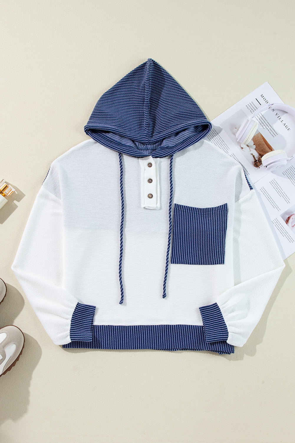 White Corded Patch Hooded Top