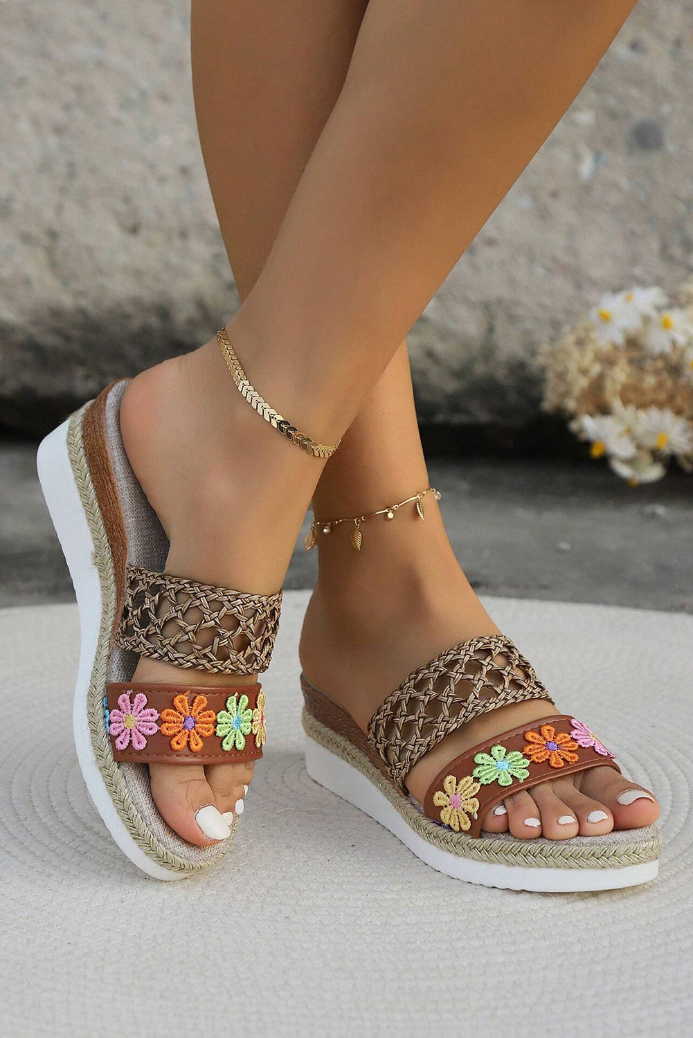 White Floral Print Braided Wedge