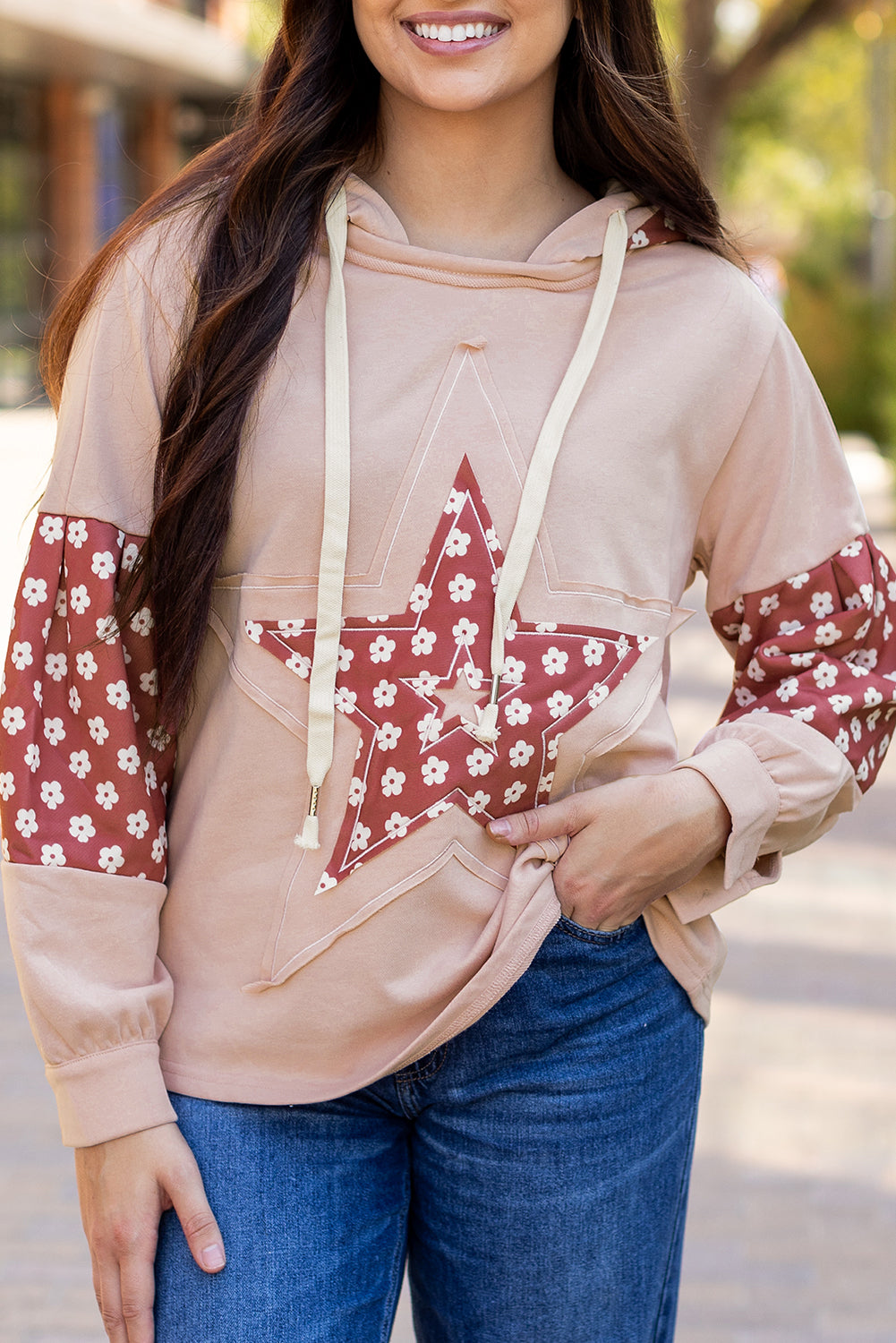 Floral Patchwork Star Drawstring Hoodie