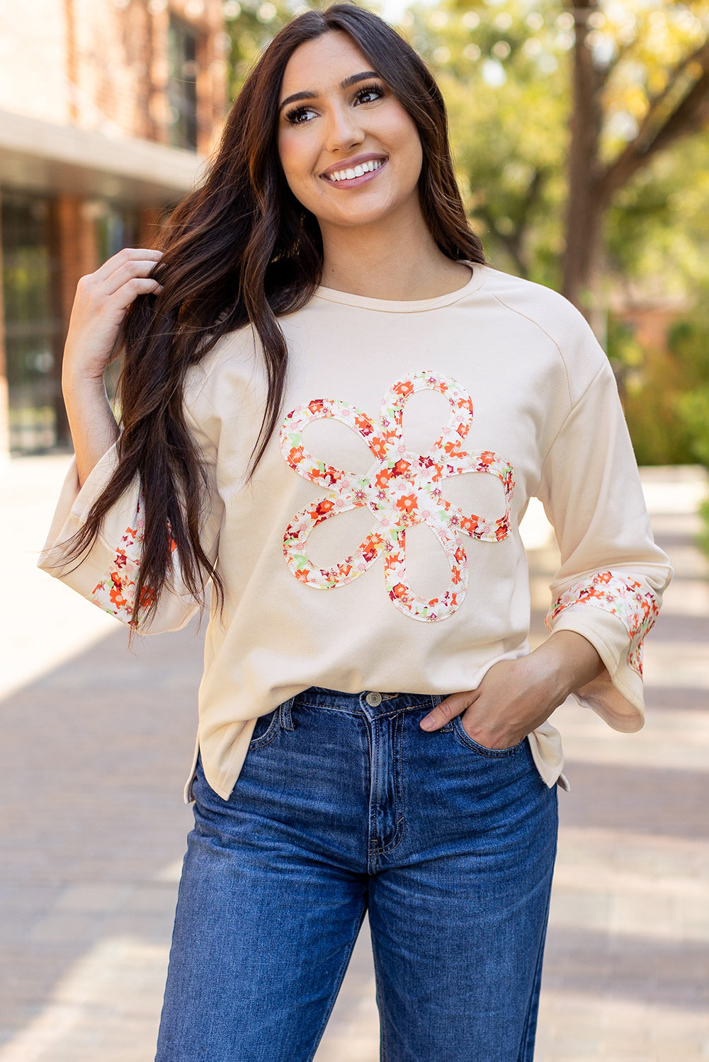 Beige Flower Patch Graphic  Wide Sleeve Top