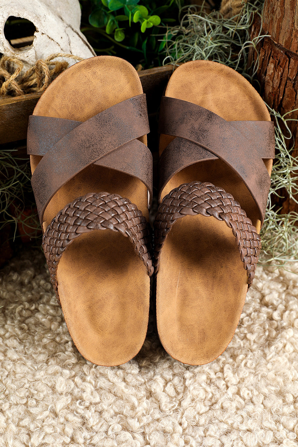 Brown Braided Criss Cross Platform Sandals