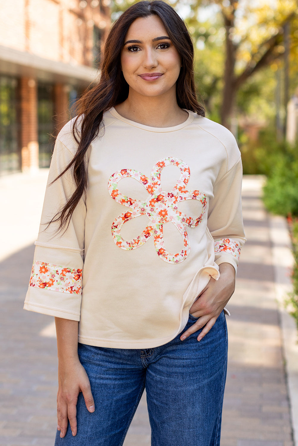 Beige Flower Patch Graphic  Wide Sleeve Top