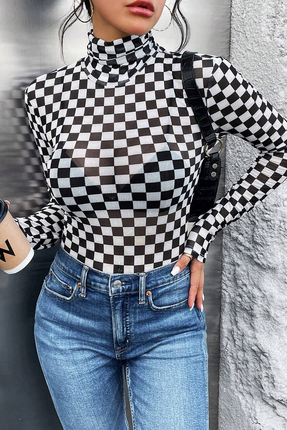 Black Checkered Printed Long Sleeve Bodysuit