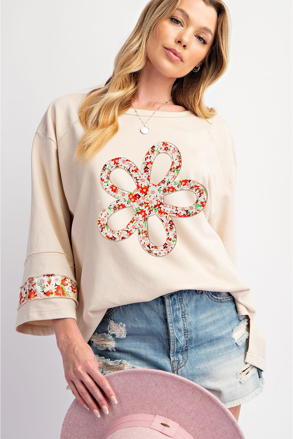 Beige Flower Patch Graphic  Wide Sleeve Top