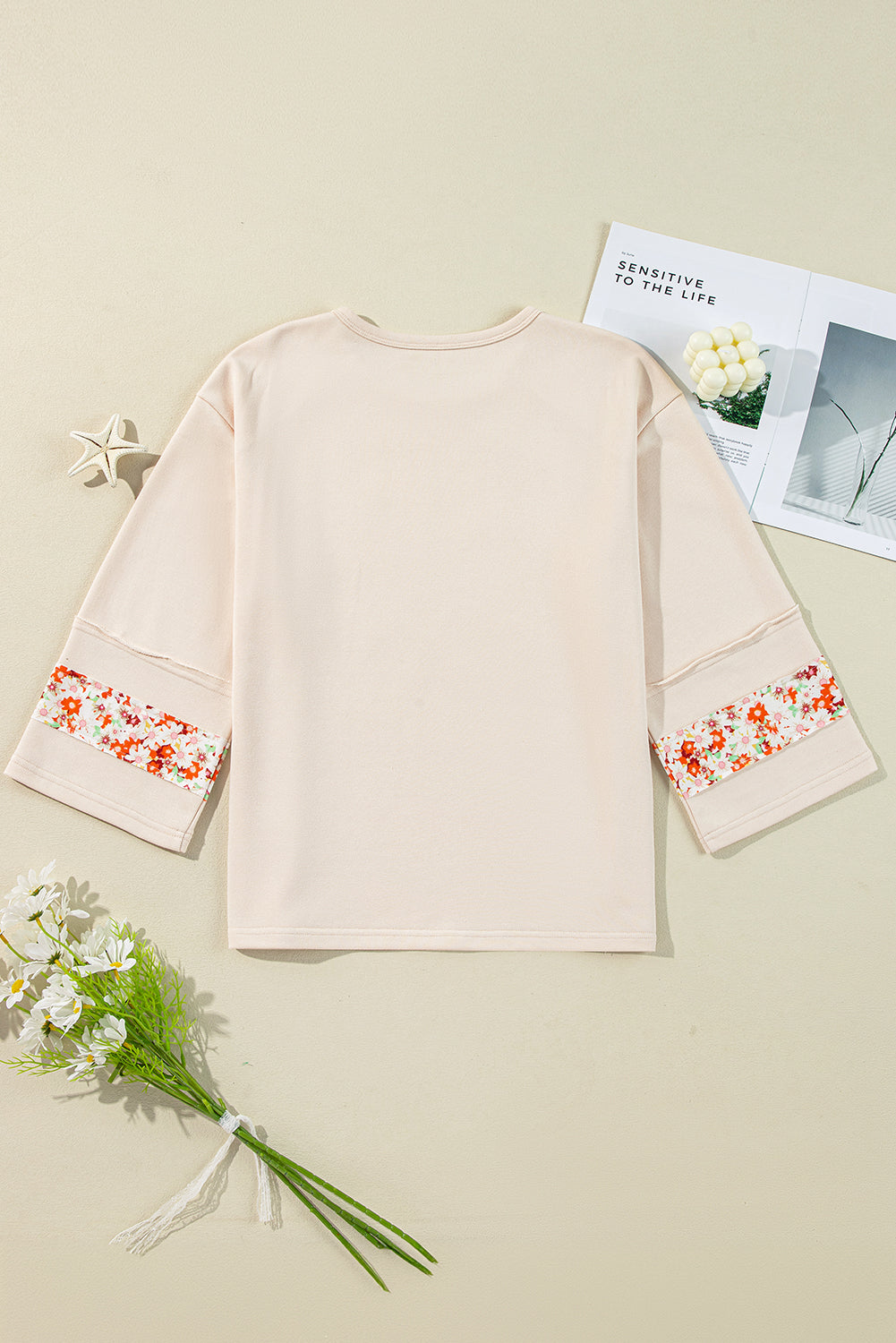 Beige Flower Patch Graphic  Wide Sleeve Top