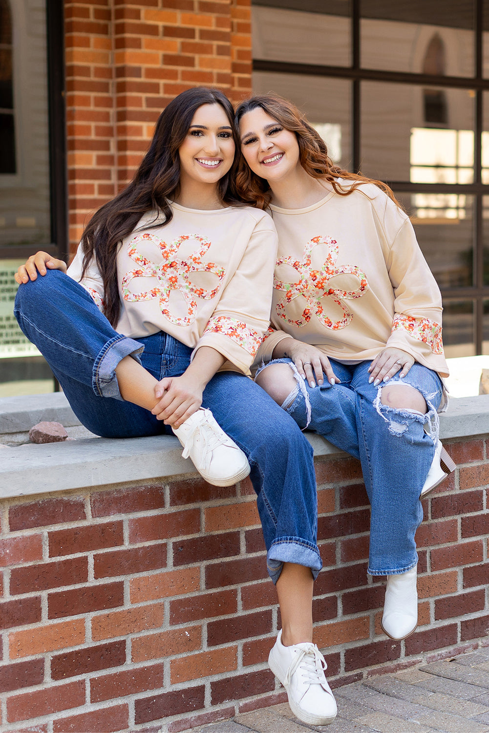 Beige Flower Patch Graphic  Wide Sleeve Top