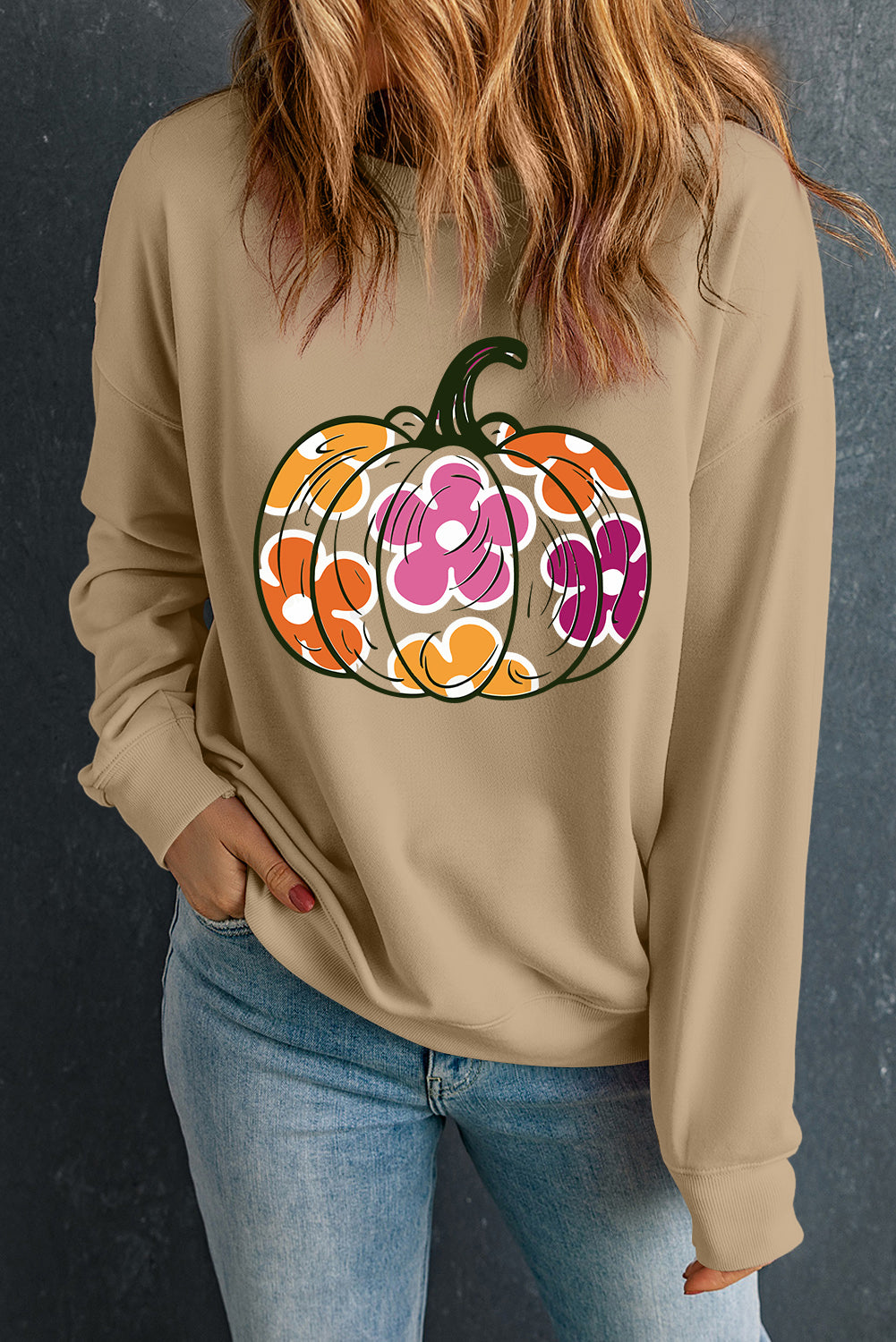 Khaki Halloween Floral Pumpkin Sweatshirt