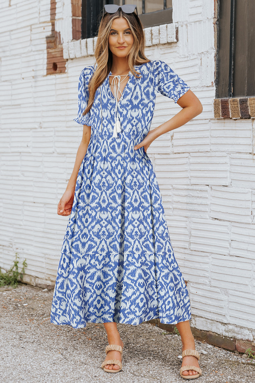 Blue V Neck Casual Geometric Print Maxi Dress