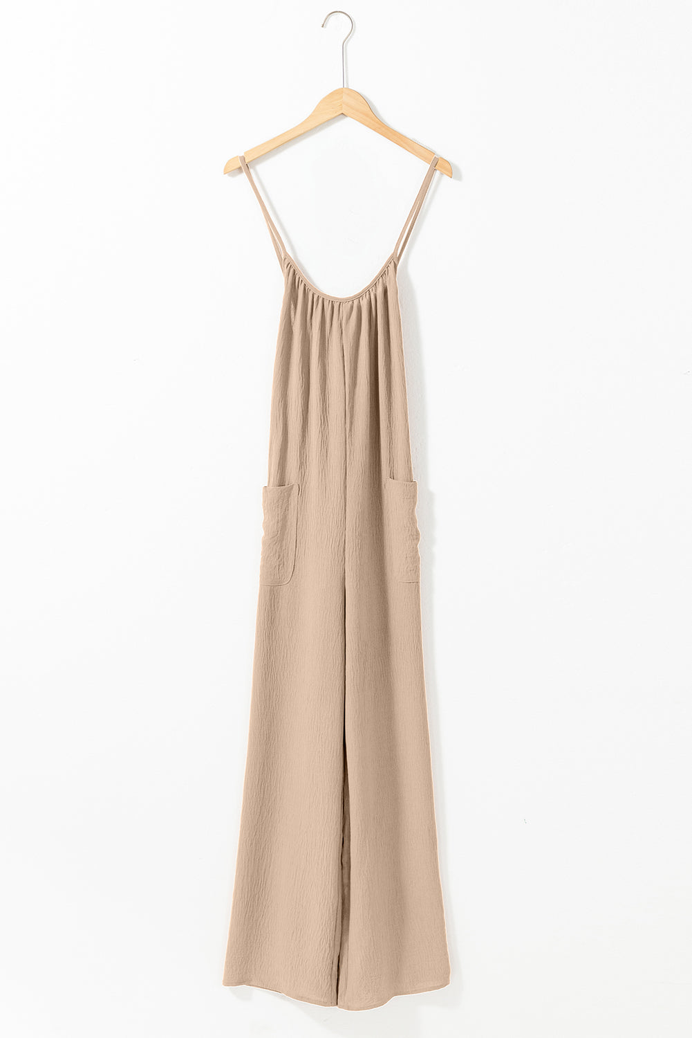 Jumpsuit with Pockets /Apricot Spaghetti Straps Waist Tie Wide Leg