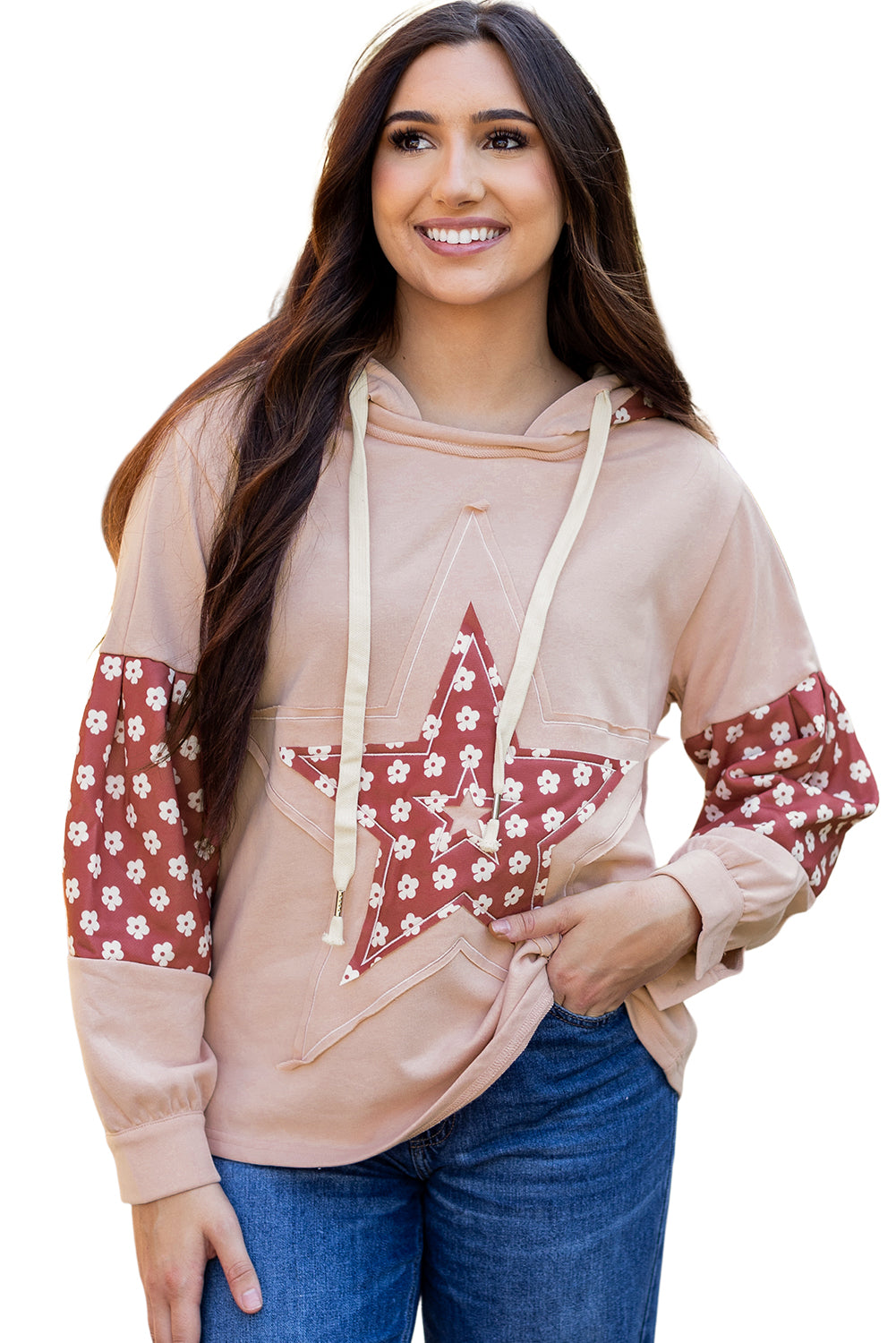 Floral Patchwork Star Drawstring Hoodie