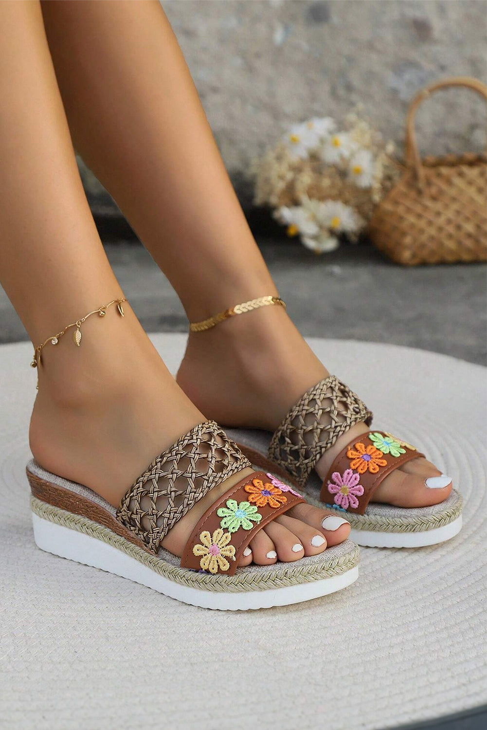 White Floral Print Braided Wedge