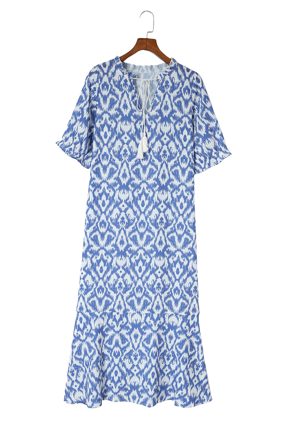 Blue V Neck Casual Geometric Print Maxi Dress