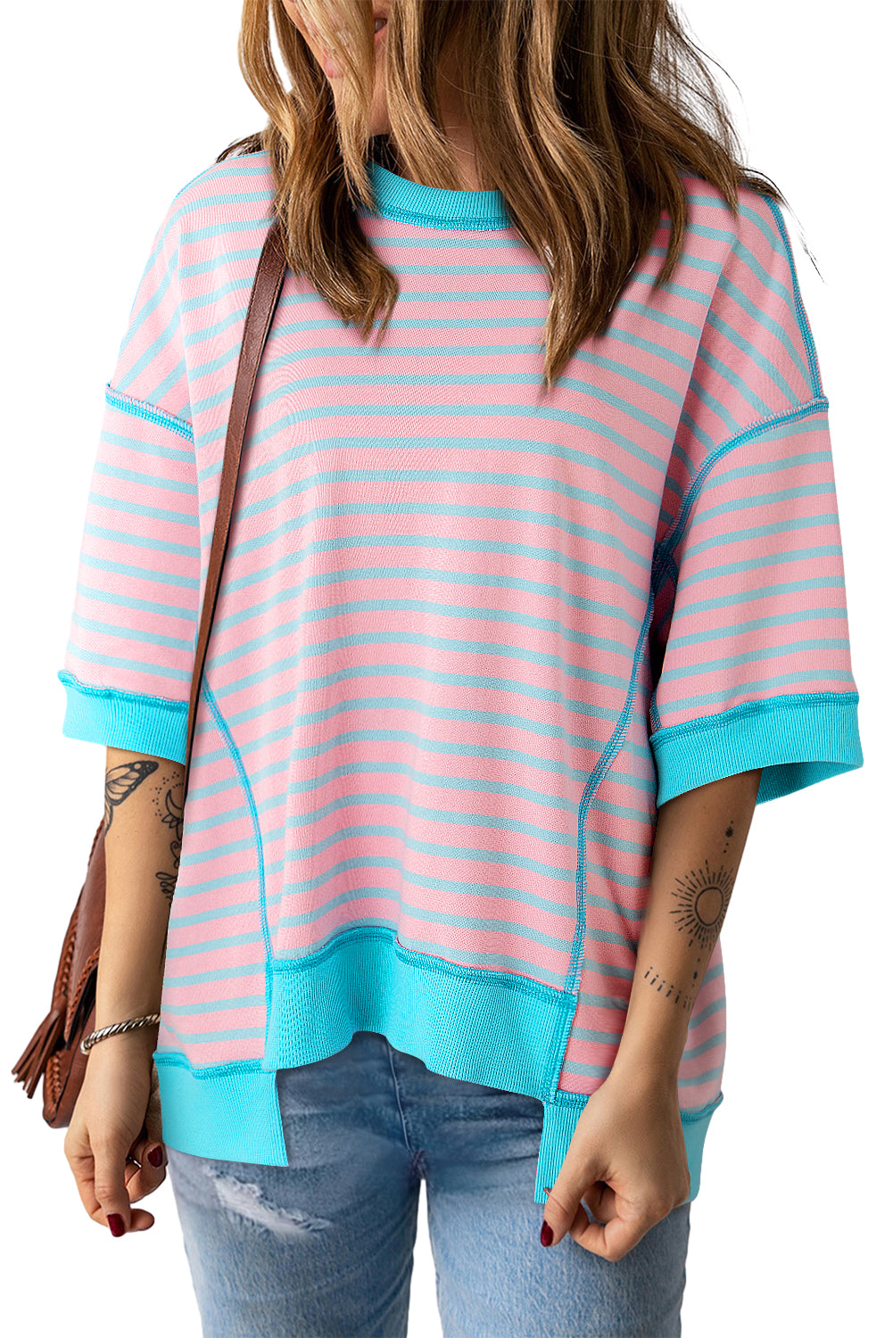 Stripe Oversized Contrast Trim Exposed Seam High Low Blouse