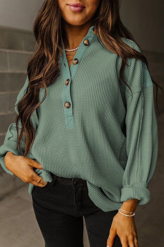 Green Long Sleeve Collar Half Button Loose Top