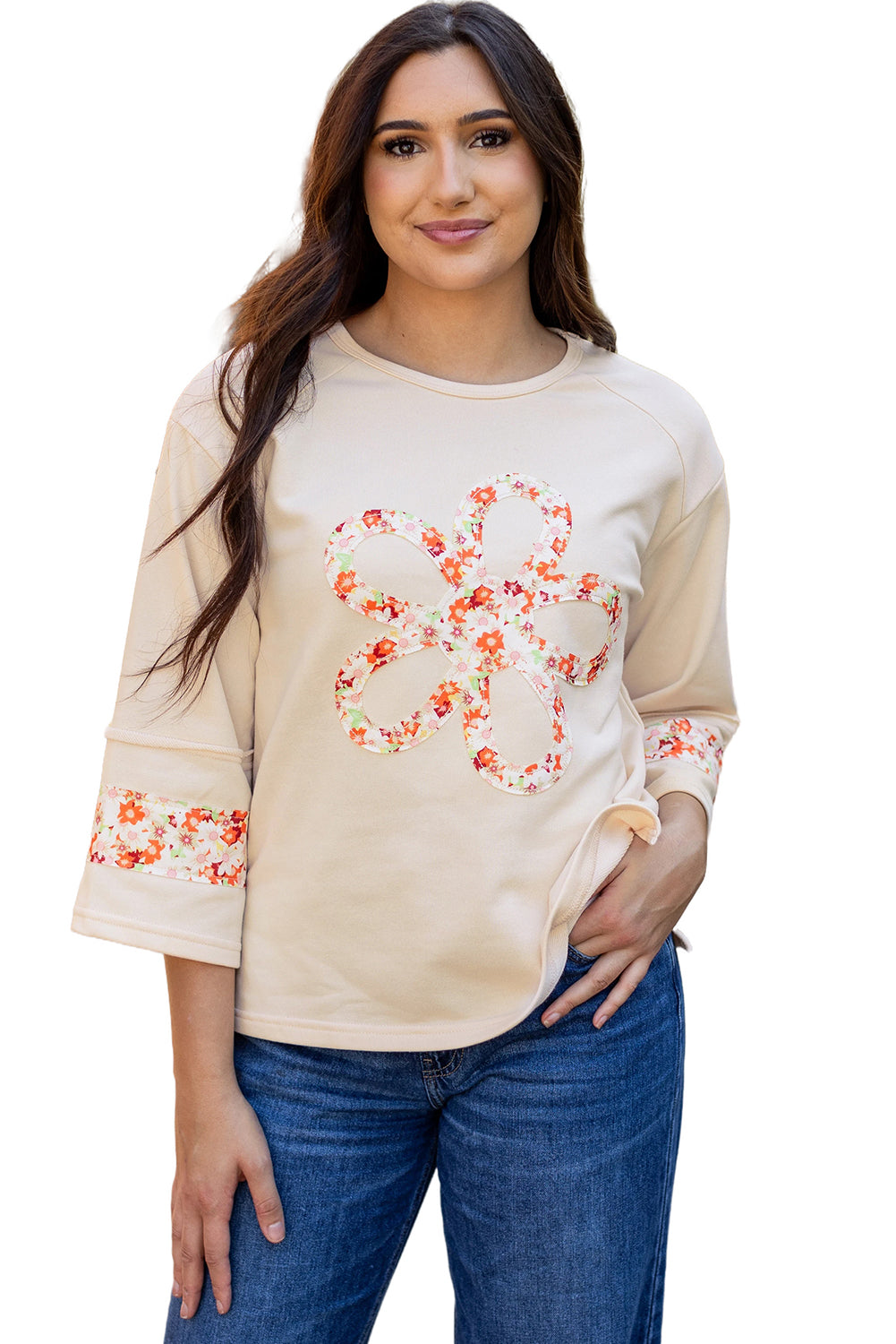 Beige Flower Patch Graphic  Wide Sleeve Top