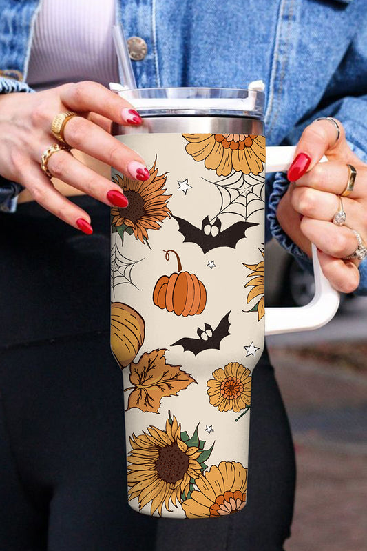 White Halloween Print Handled Stainless Steel Vacuum Cup/Tumbler 40oz