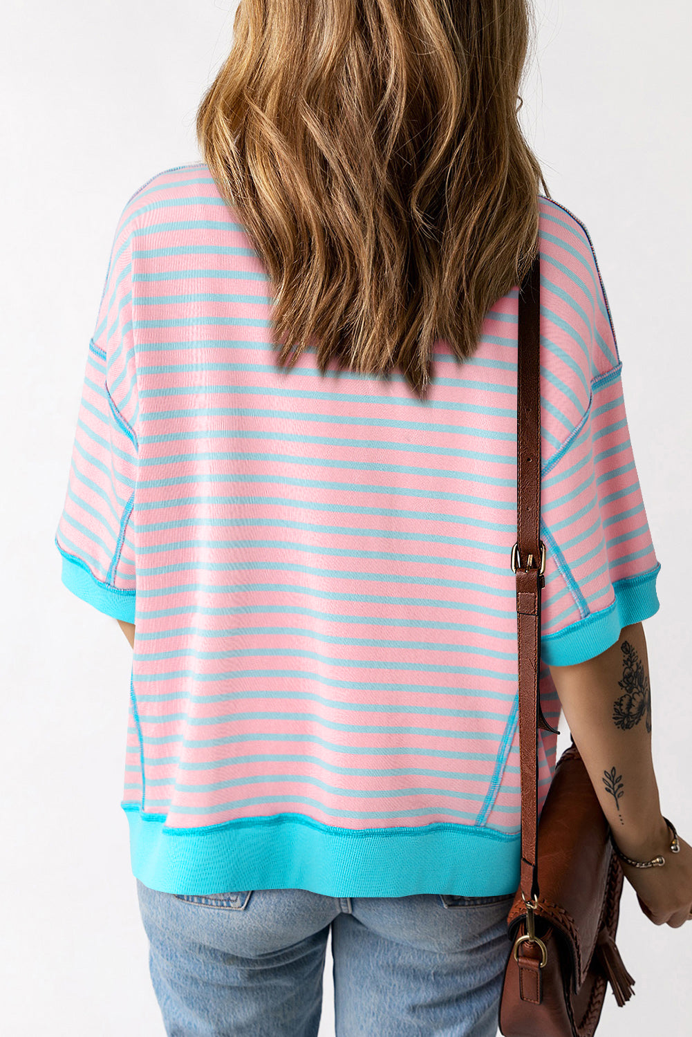 Stripe Oversized Contrast Trim Exposed Seam High Low Blouse