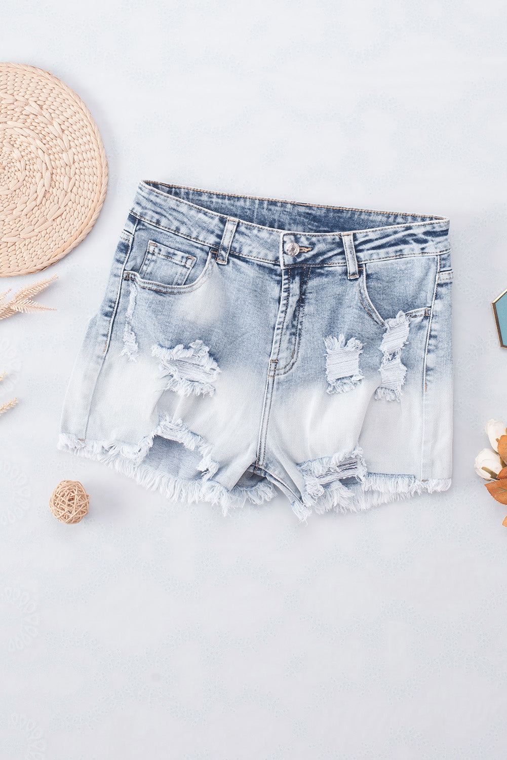 Sky Blue Bleached Wash Denim Shorts