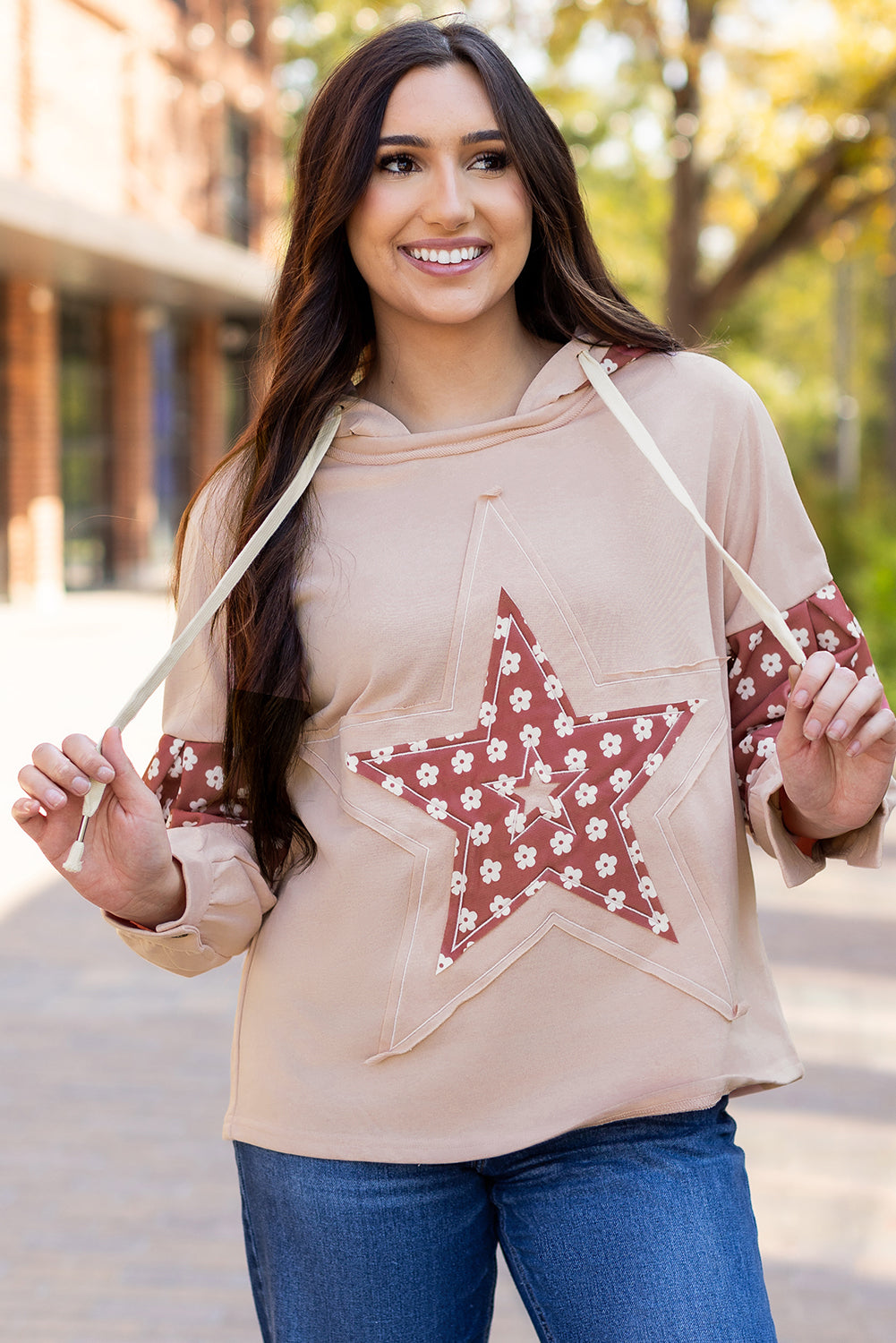 Floral Patchwork Star Drawstring Hoodie