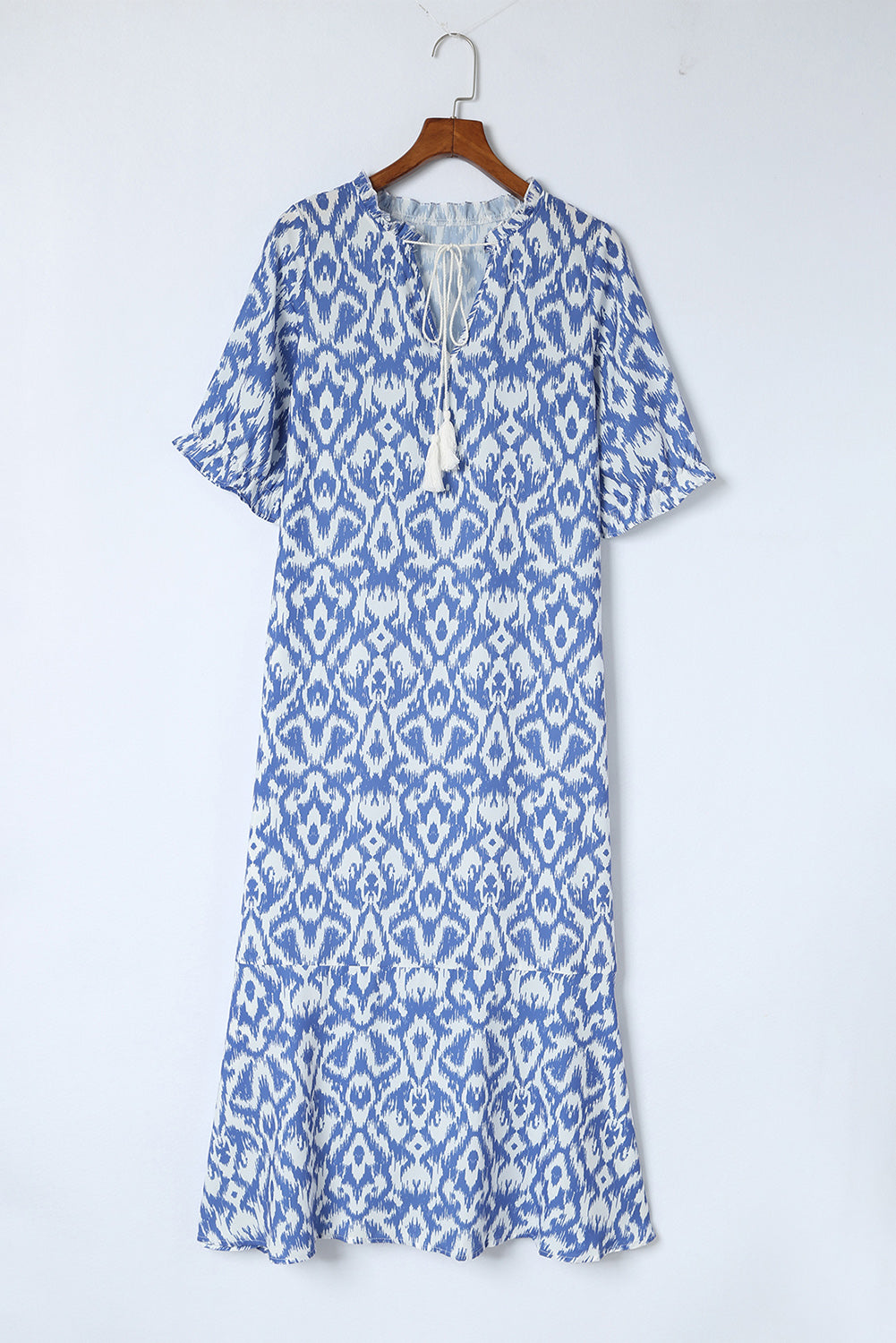 Blue V Neck Casual Geometric Print Maxi Dress