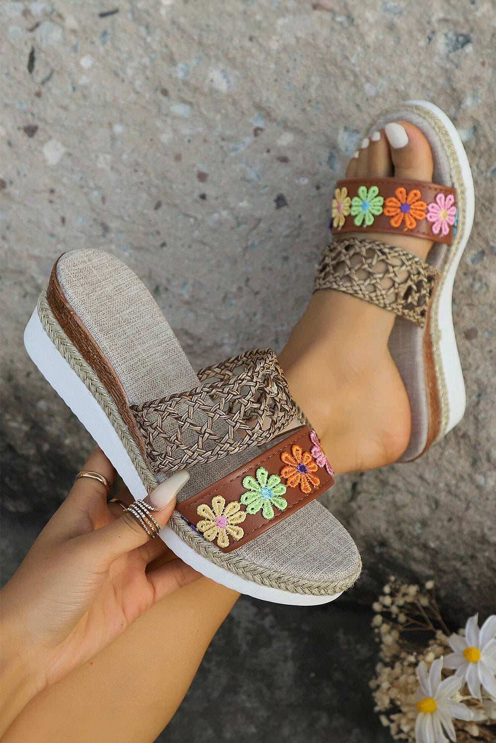 White Floral Print Braided Wedge