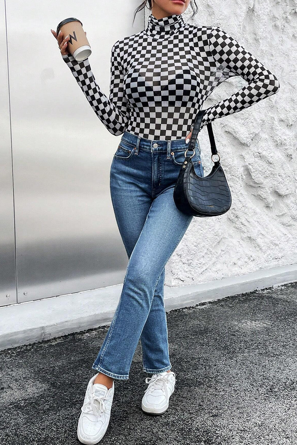 Black Checkered Printed Long Sleeve Bodysuit