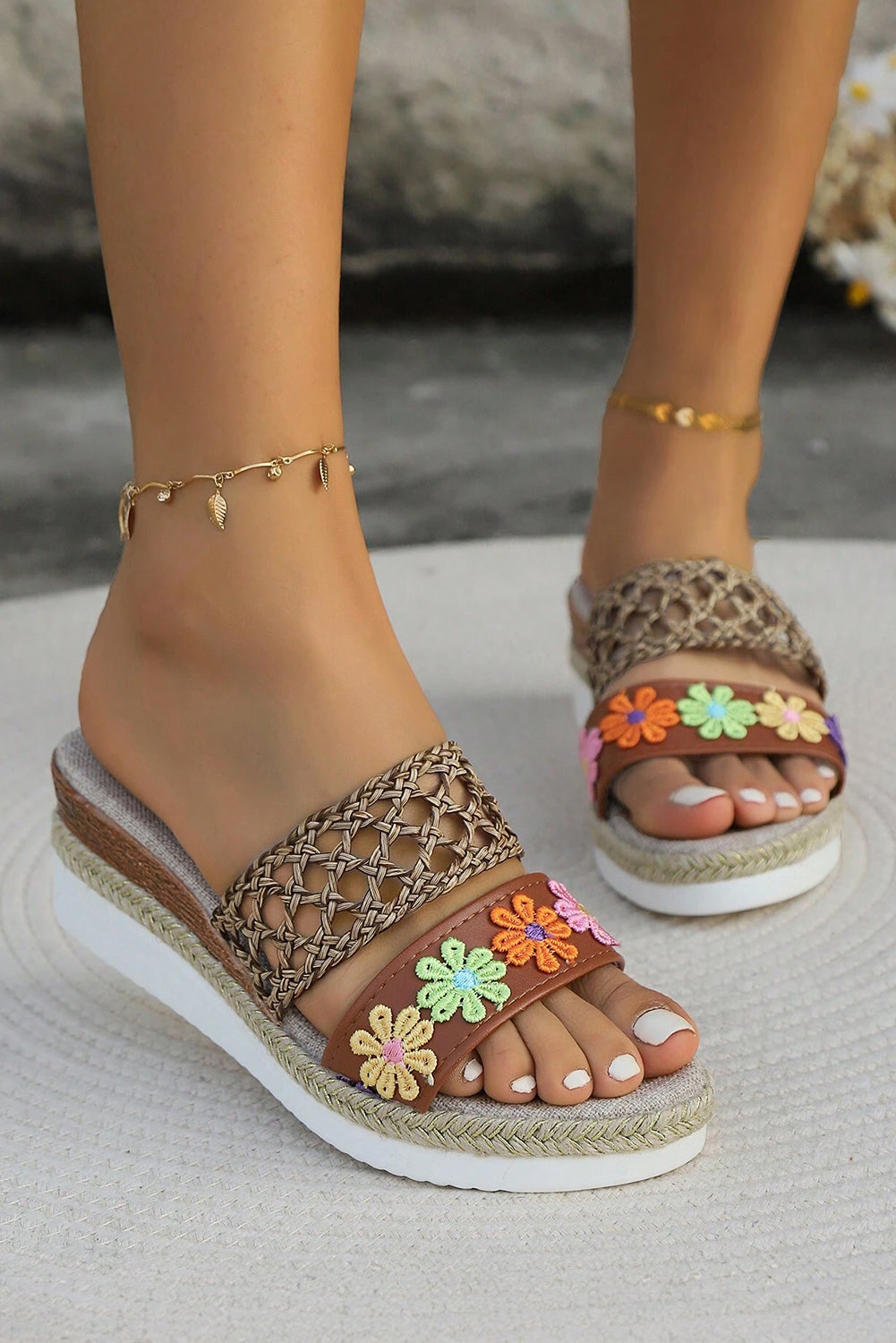 White Floral Print Braided Wedge