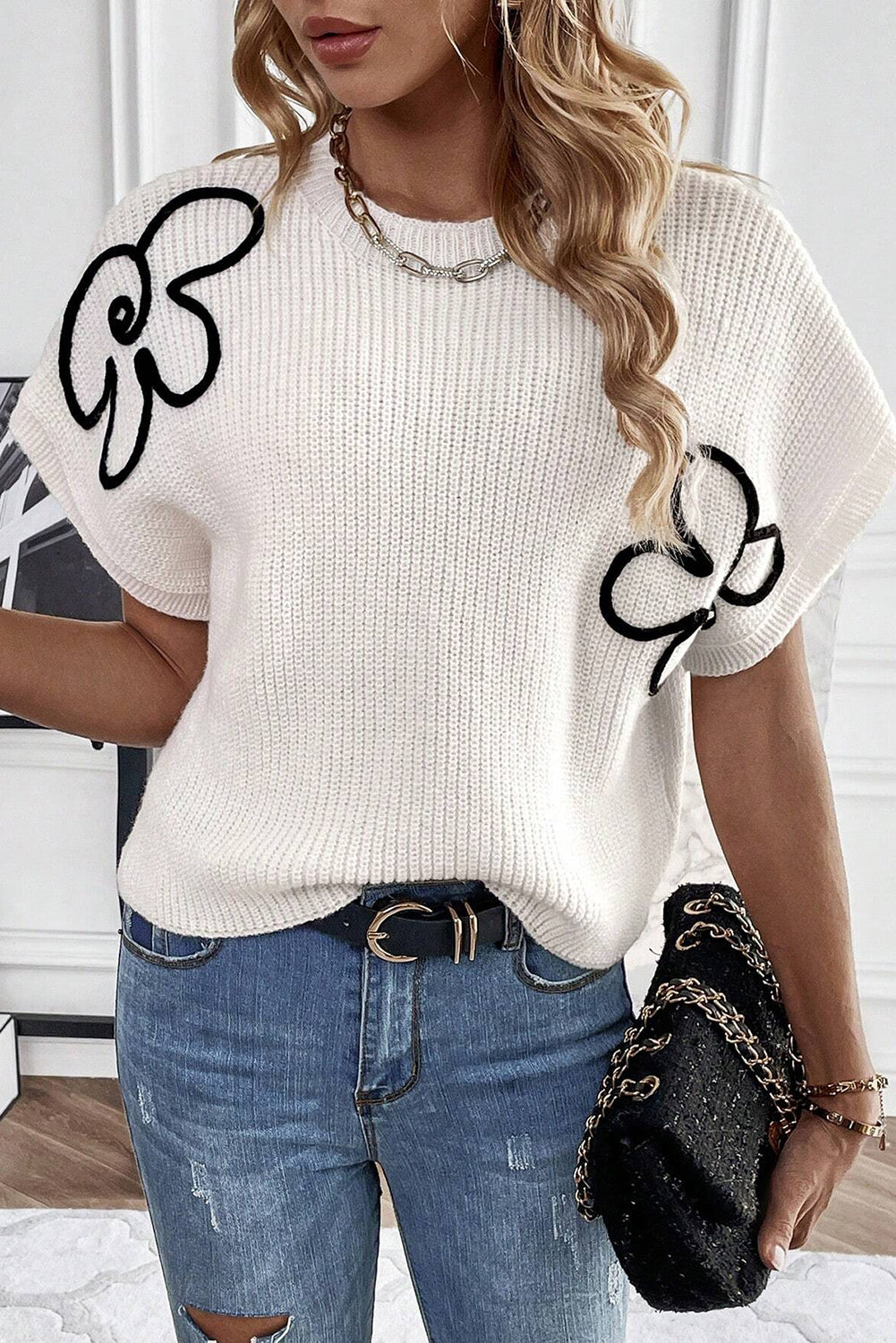 White Flower Embroidery Sweater