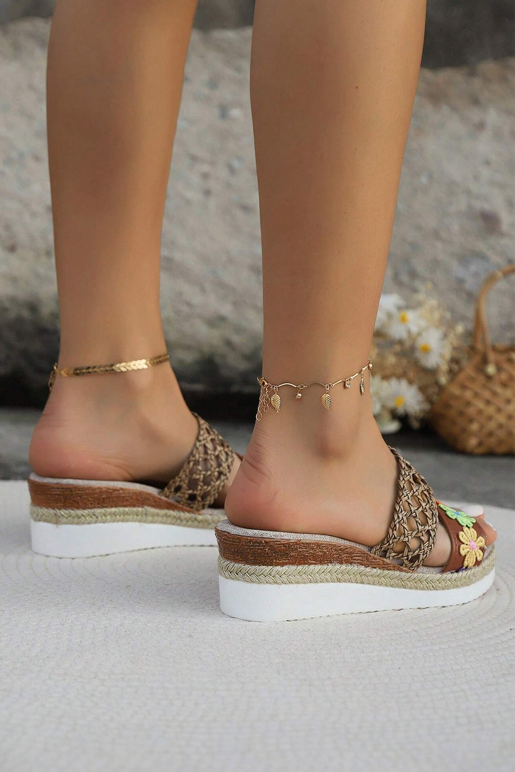 White Floral Print Braided Wedge