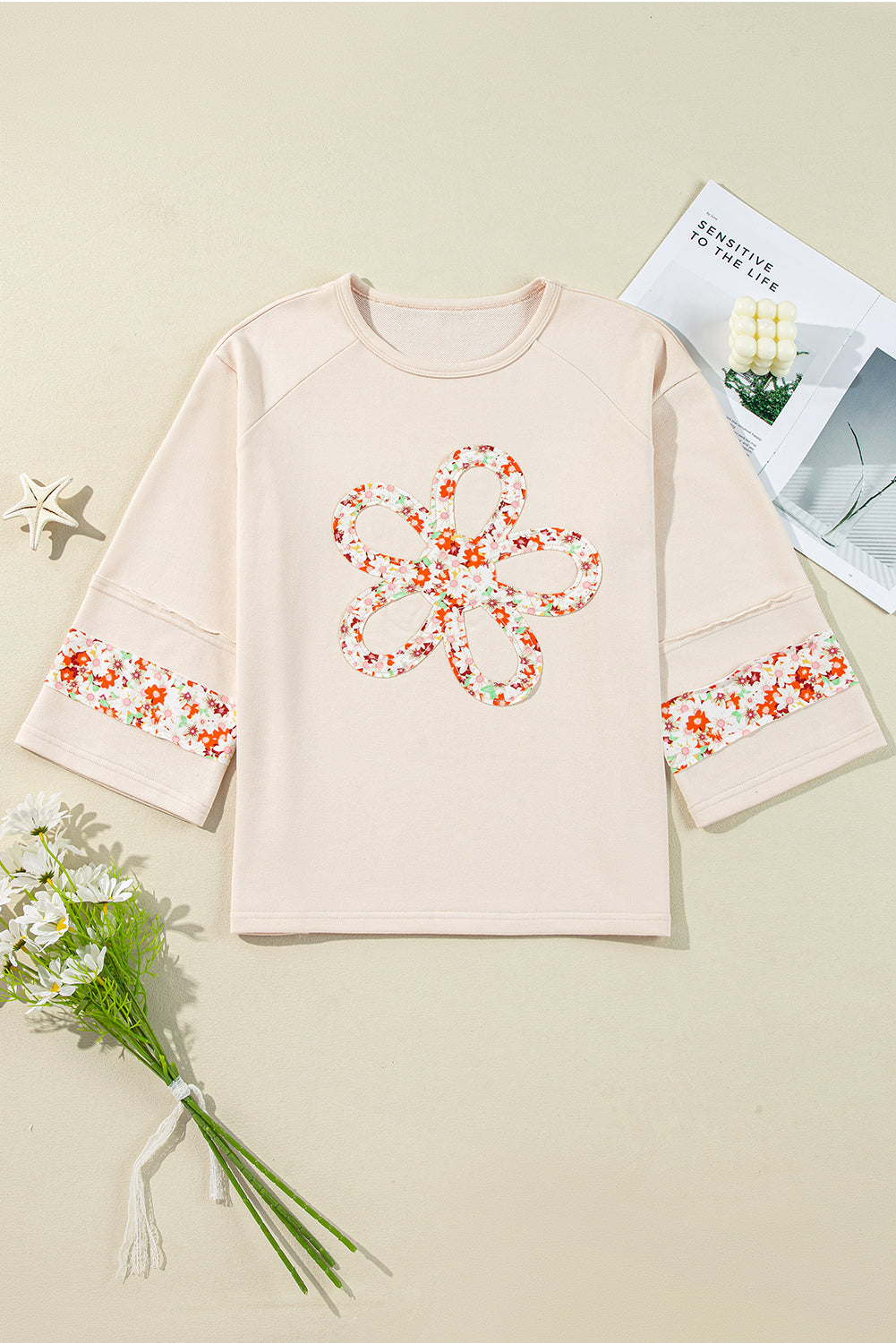 Beige Flower Patch Graphic  Wide Sleeve Top