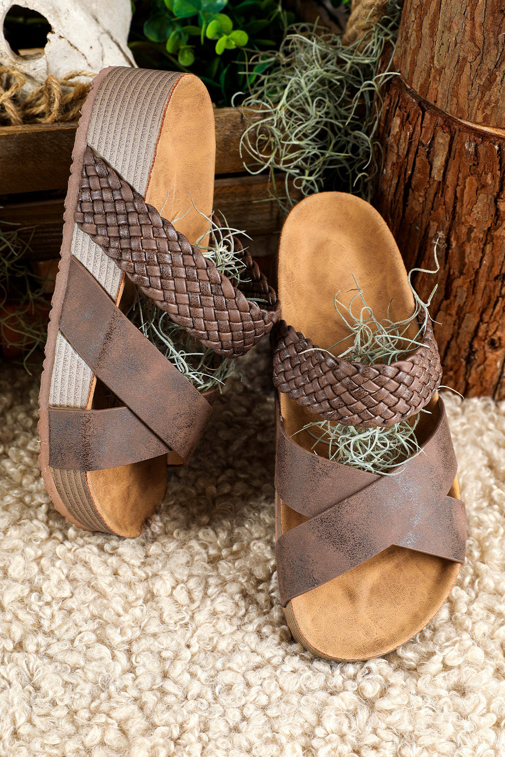 Brown Braided Criss Cross Platform Sandals