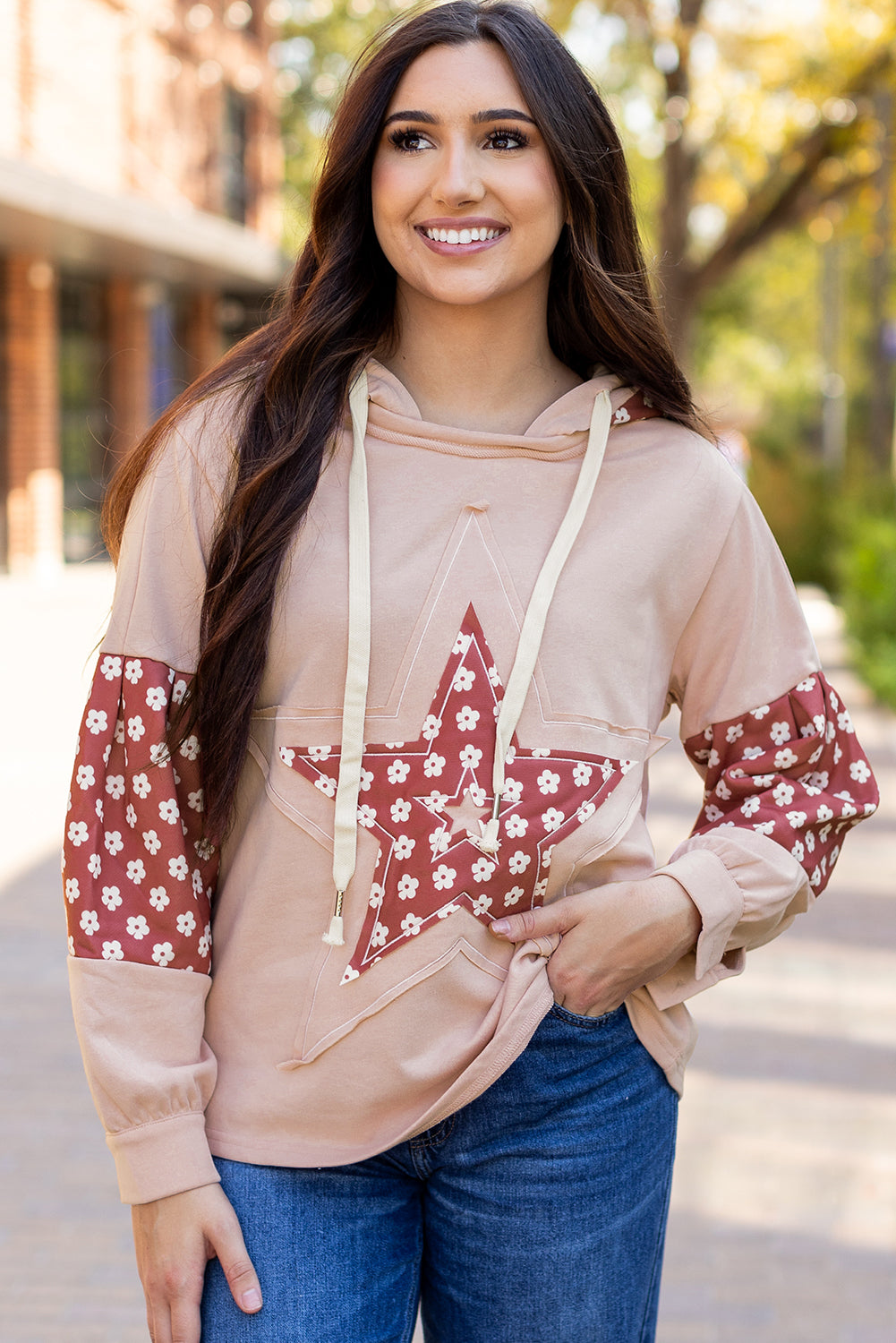 Floral Patchwork Star Drawstring Hoodie