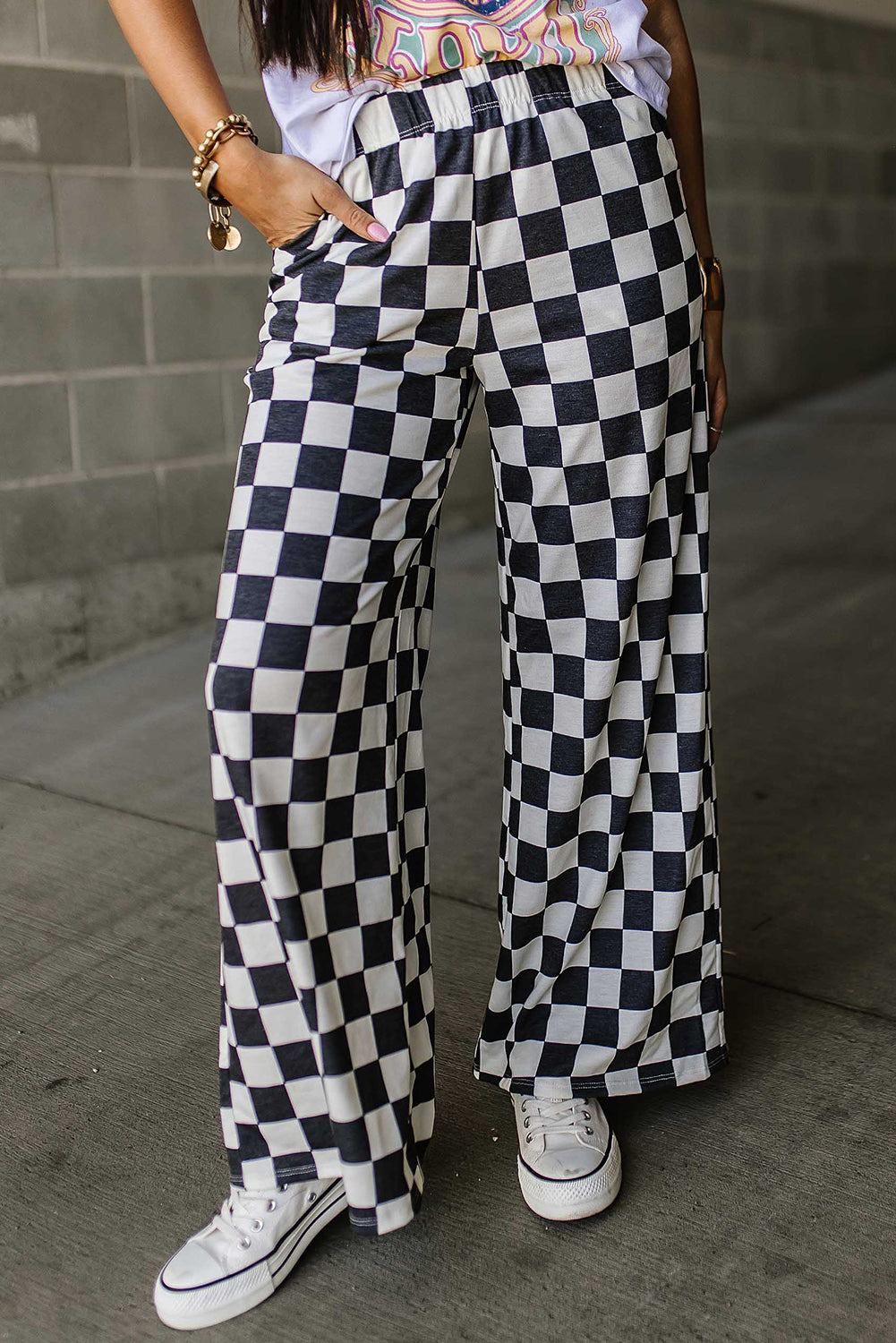 Black 2-Tone Checked Print Leg Pants