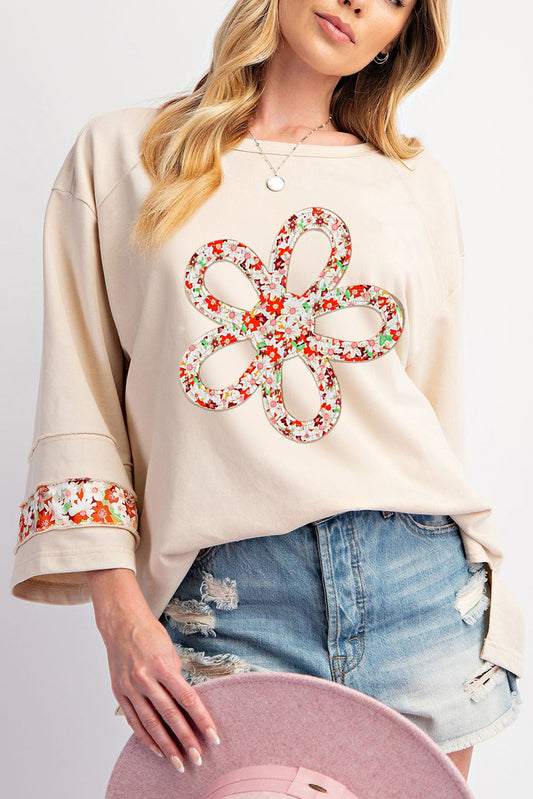 Beige Flower Patch Graphic  Wide Sleeve Top