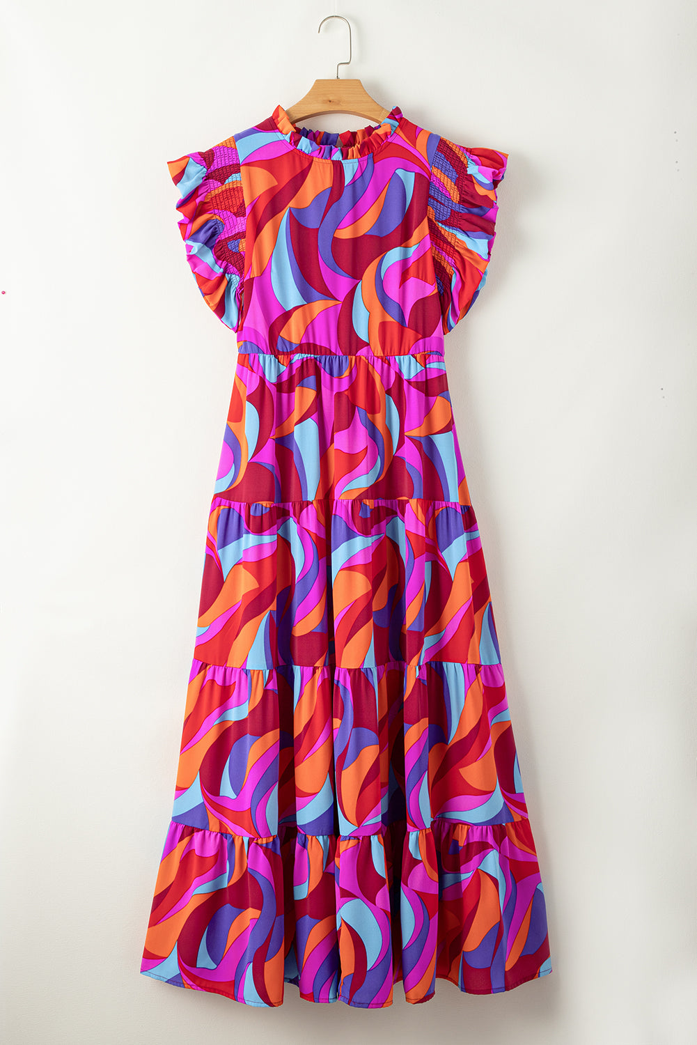 Abstract Printed High Waist Ruffle Tiered Long Dress