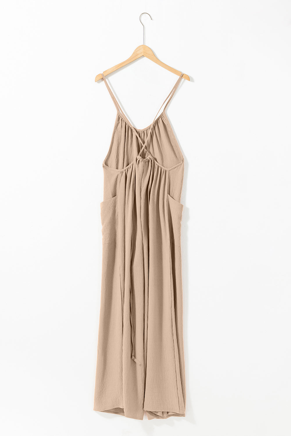 Jumpsuit with Pockets /Apricot Spaghetti Straps Waist Tie Wide Leg