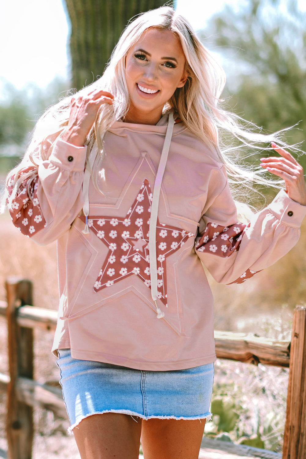 Floral Patchwork Star Drawstring Hoodie