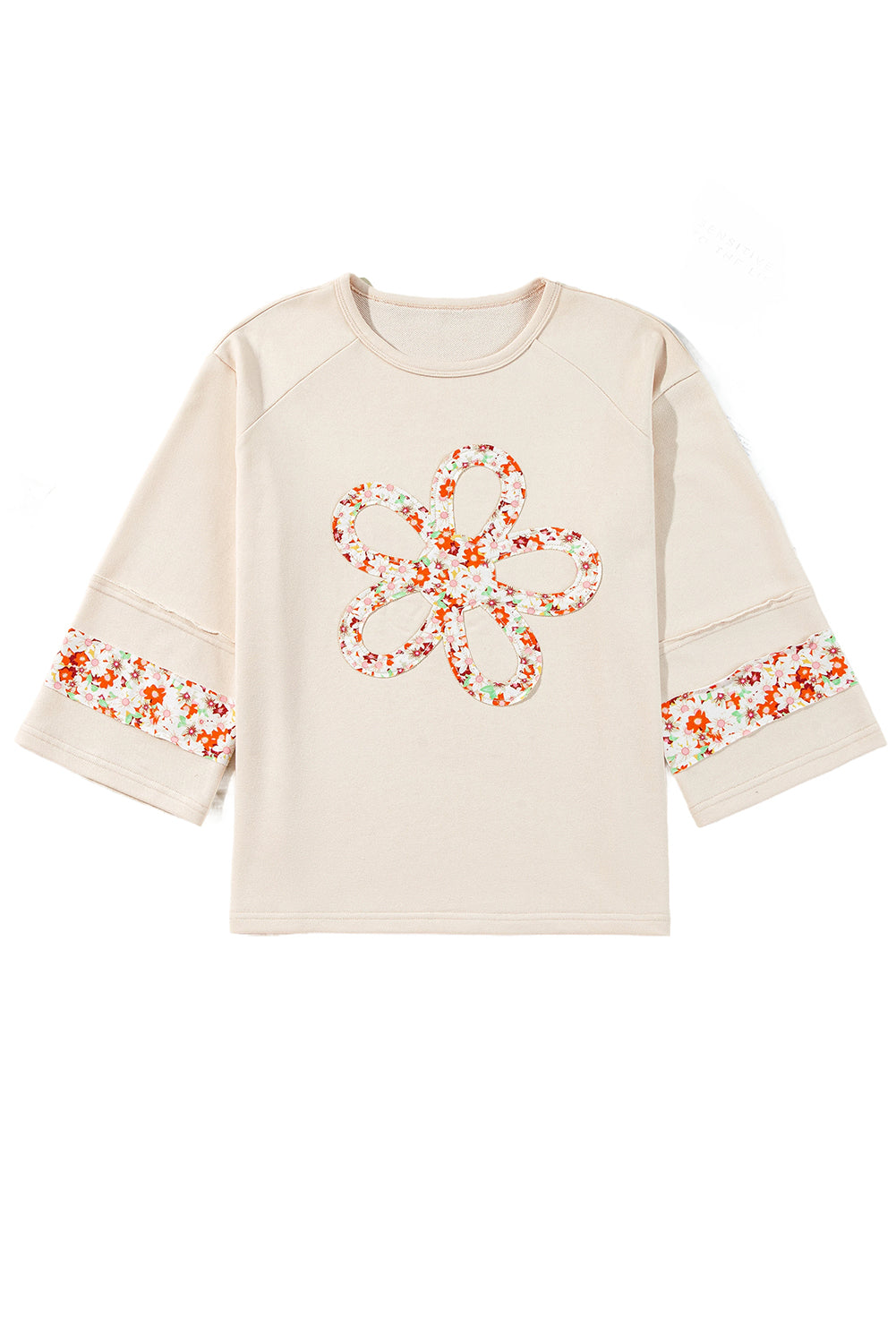 Beige Flower Patch Graphic  Wide Sleeve Top