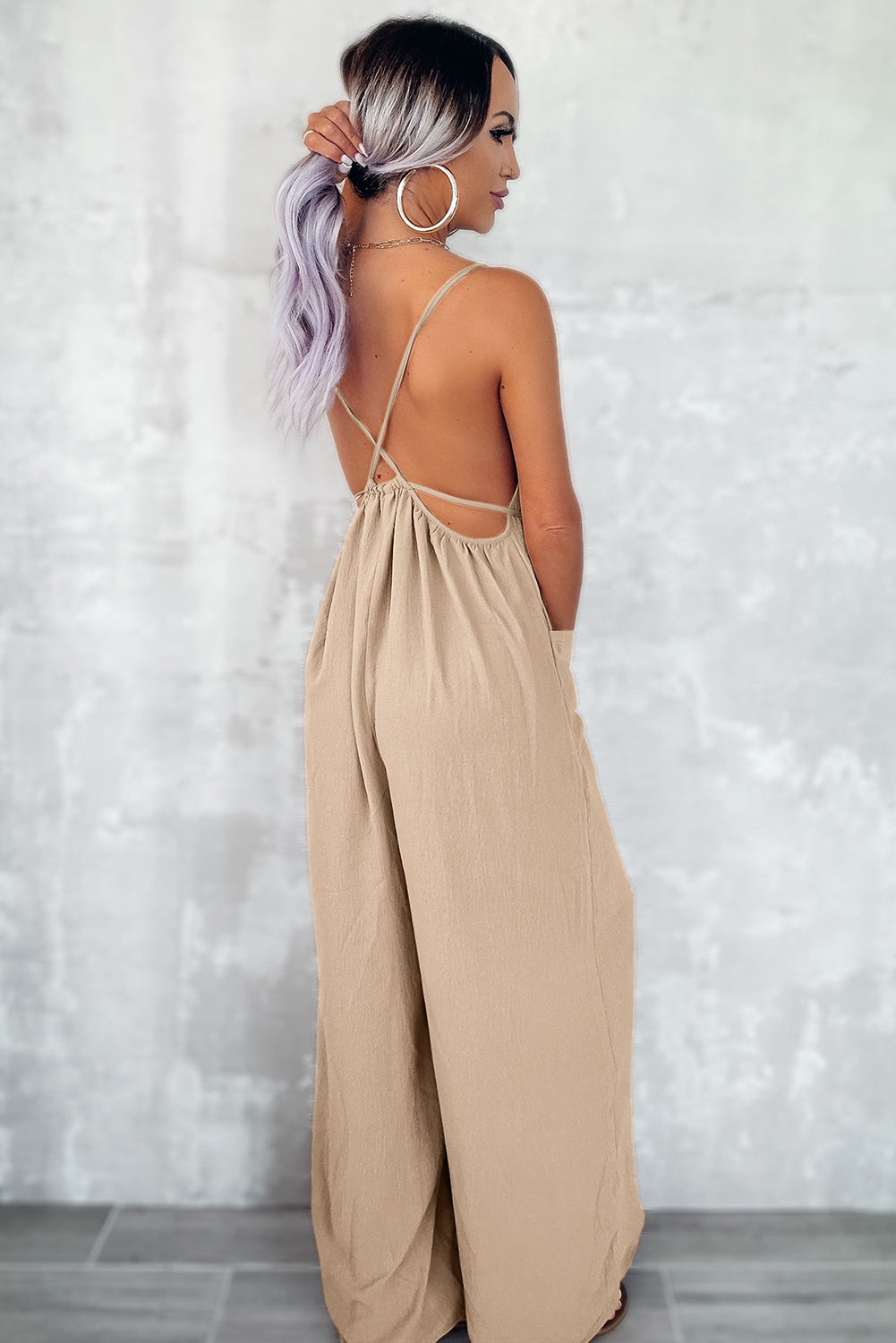 Jumpsuit with Pockets /Apricot Spaghetti Straps Waist Tie Wide Leg