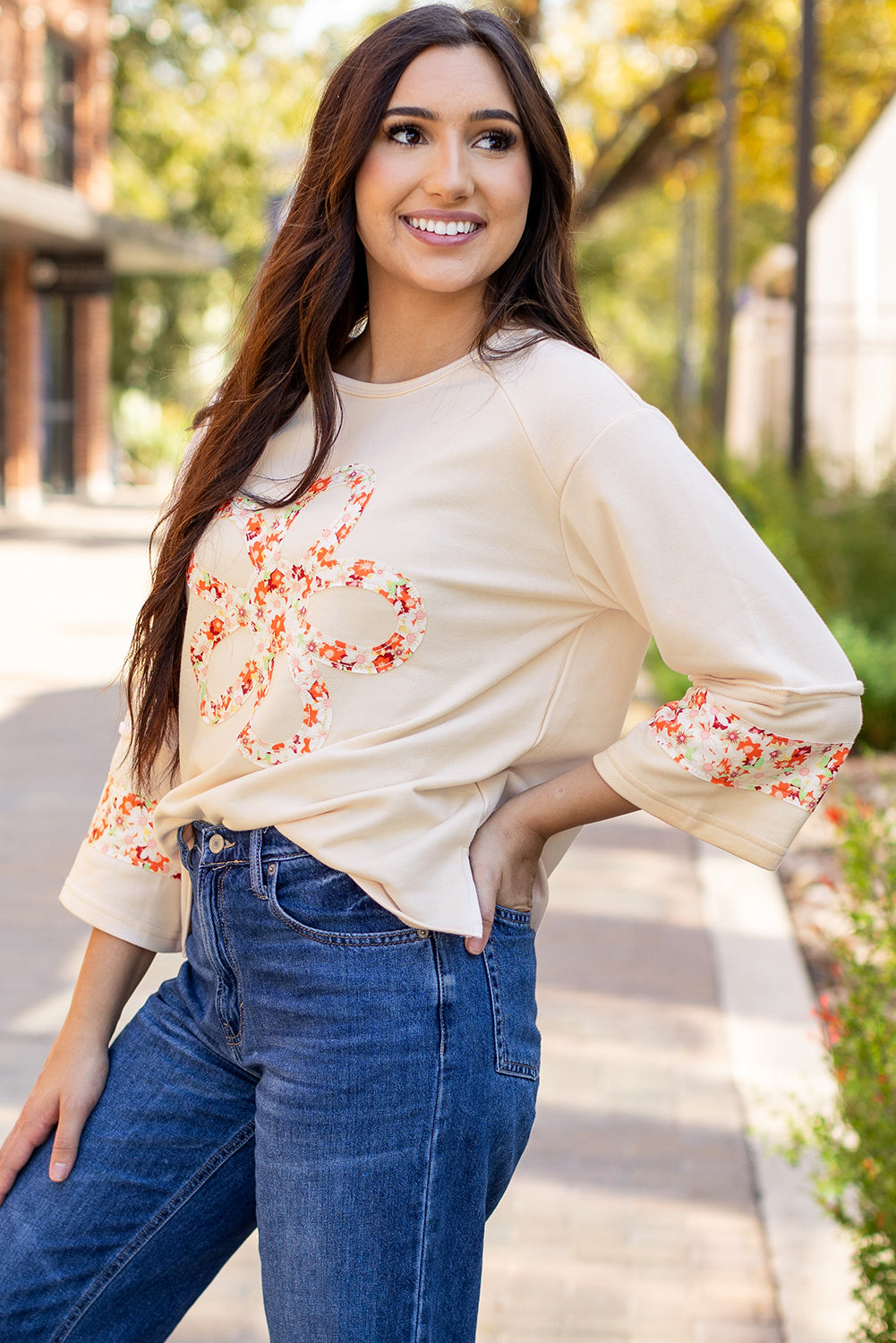 Beige Flower Patch Graphic  Wide Sleeve Top