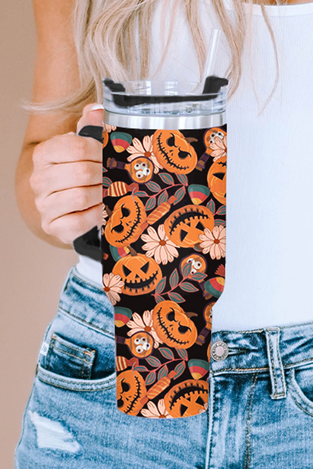 Halloween Pumpkin Print Stainless Vacuum Cup/ Tumbler 40oz