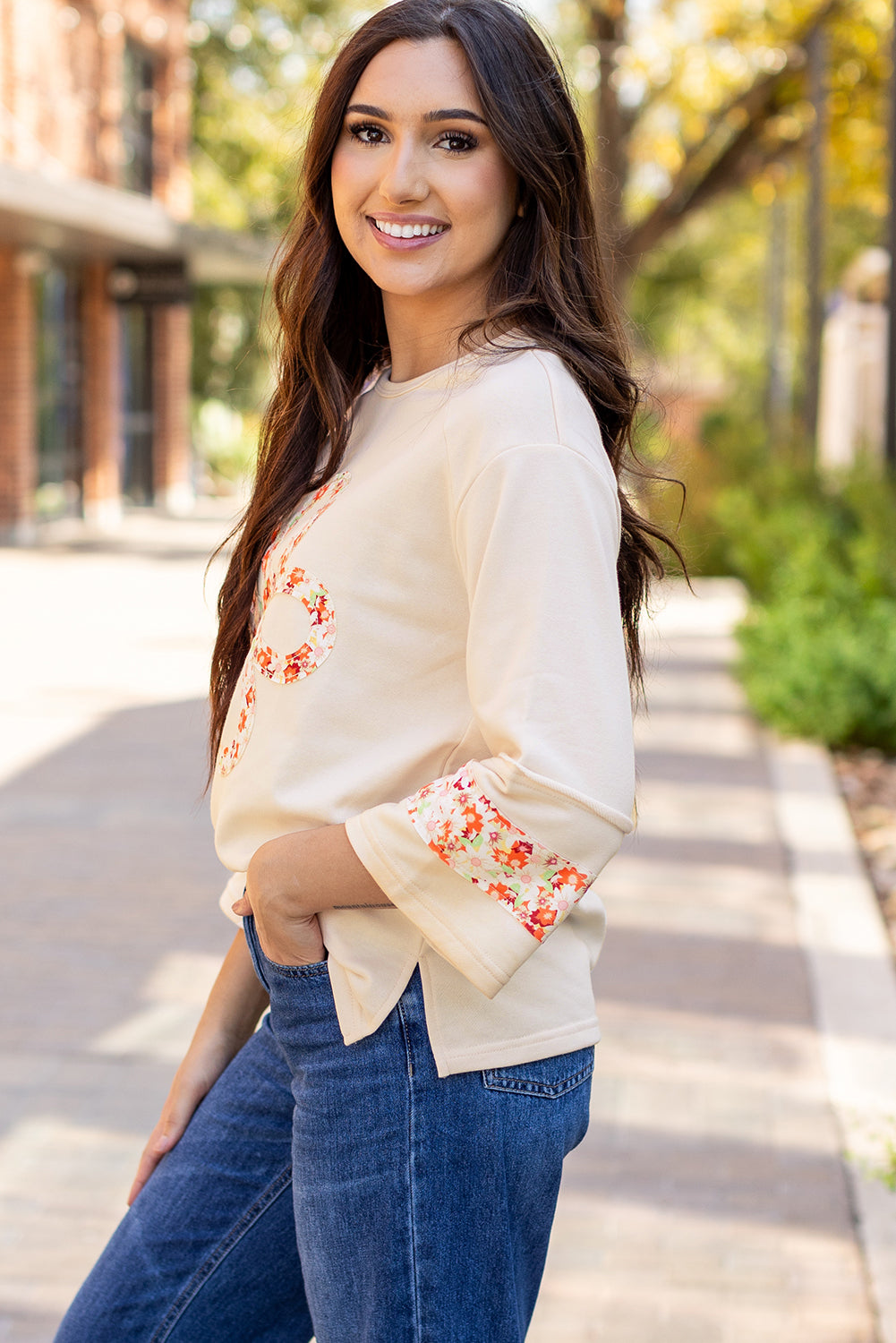 Beige Flower Patch Graphic  Wide Sleeve Top