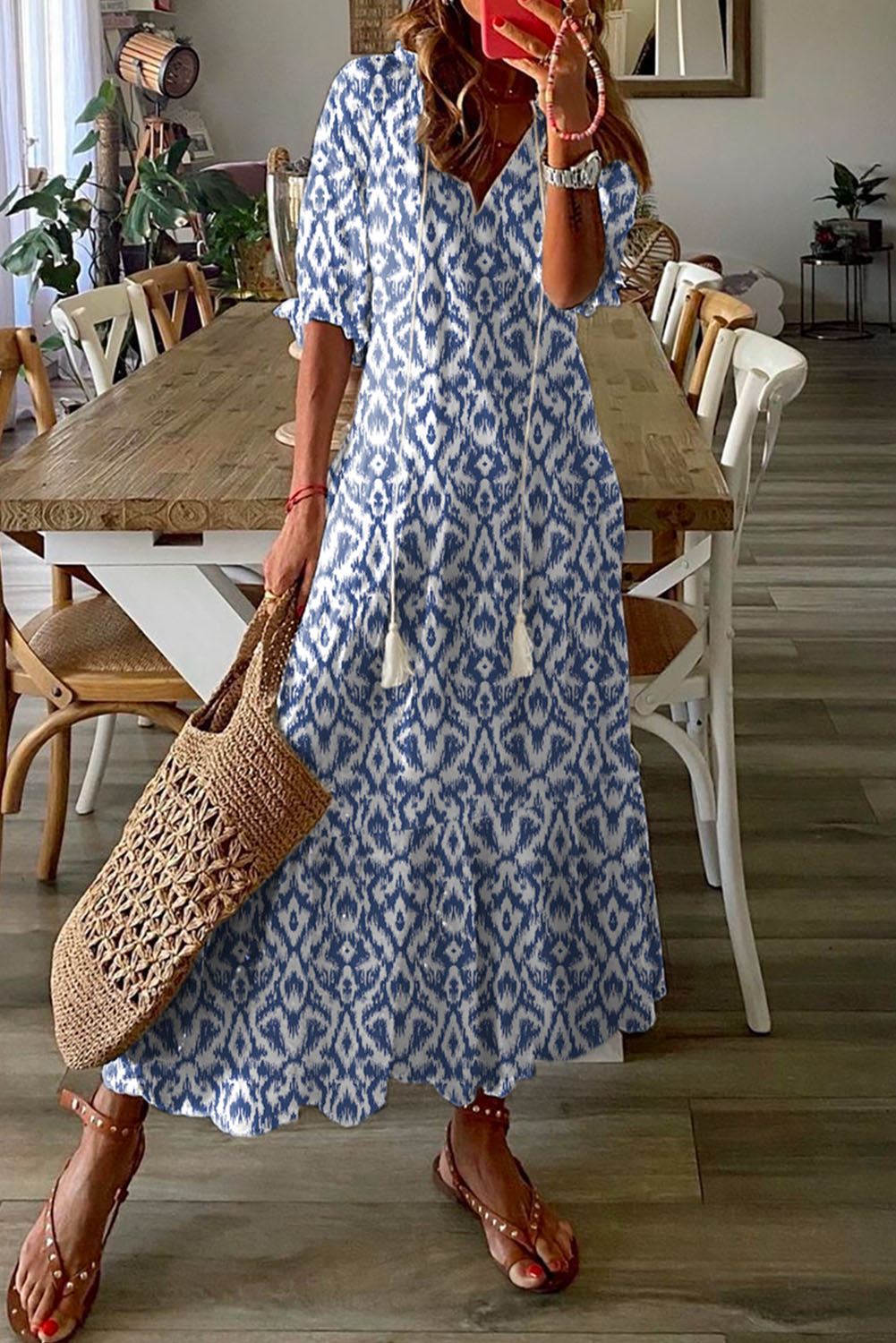 Blue V Neck Casual Geometric Print Maxi Dress