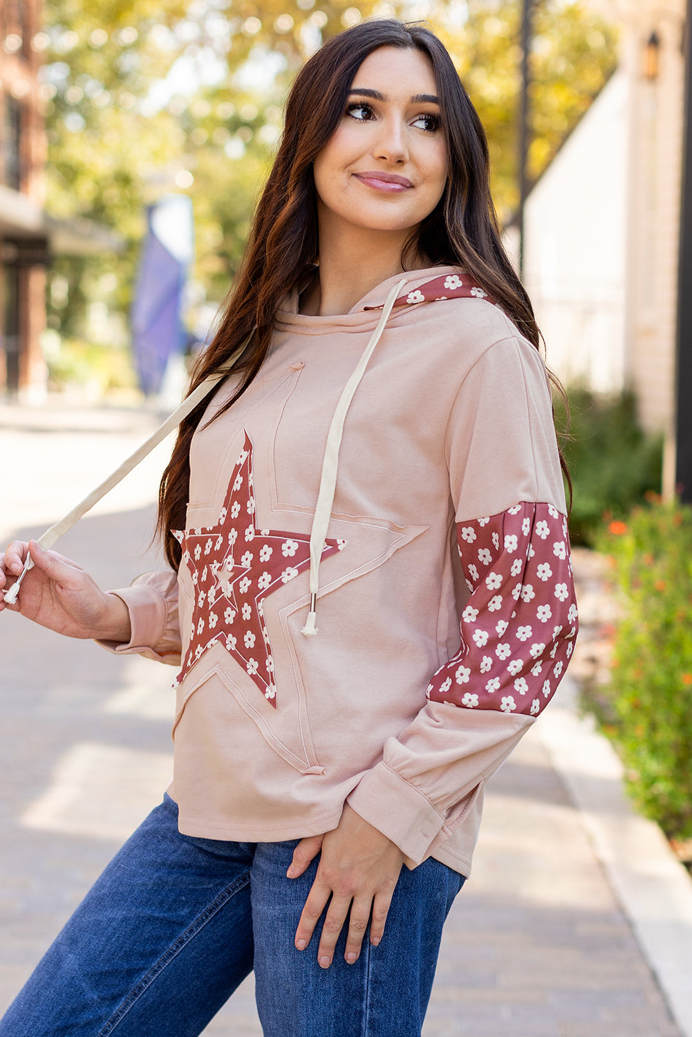 Floral Patchwork Star Drawstring Hoodie