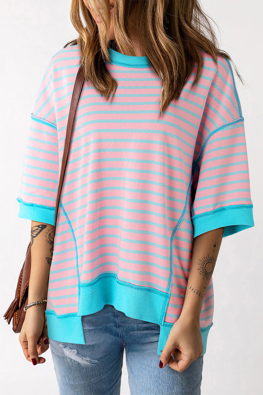 Stripe Oversized Contrast Trim Exposed Seam High Low Blouse